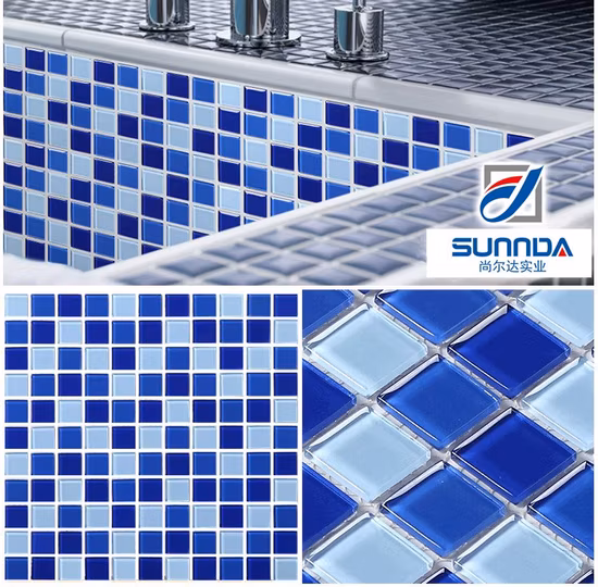 Azulejo de piscina de nuevo color popular Azulejo de mosaico vidrioso cuadrado iridiscente azul claro